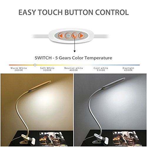 LVWIT Lámpara Flexo LED de pinza - 5W máx (regulables), Color regulable desde 3000K hasta 6000K. Flexo clip con Cuello flexible - Versión Blanca.