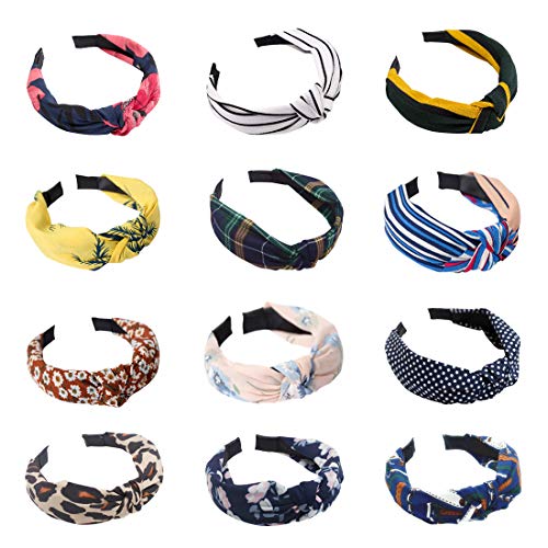 LZYMSZ Arco Nudo Diadema,12PCS Giro Nudo Diadema Rayas Anchas Tela Cruz Nudo Aro Del Pelo, Accesorio De Impresión Floral Elástico Del Pelo Para Las Niñas De Las Mujeres (color-2)