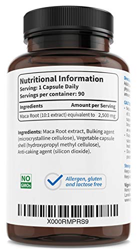 Maca Andina - Aumenta la energía, resistencia, memoria - Más vitalidad para hombres y mujeres - 2500 mg 90 cápsulas - Extracto natural 10:1 de polvo de pura raíz peruana - Vegano - Sin OGM ni aditivos