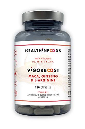 Maca,Ginseng,Vitamina D,L-Arginina VIGORBOOST Healthinfoods + Vitaminas B6,B12 y Zinc-120 cápsulas veganas-1000mg de Maca Andina pura+332mg de Ginseng-Líbido,Fertilidad,Masa Muscular,Potencia Sexual