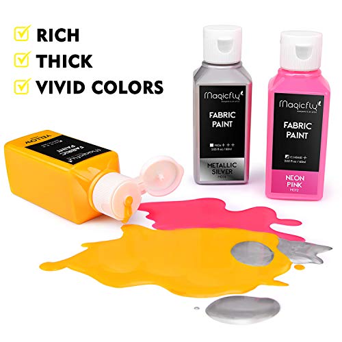 Magicfly Pintura para Tela Permanente 14 Colores 60 ml con 3 Pinceles, Set de Pinturas para Ropa, Textil, Manualidades, Lona, Vidrio, Cerámica, Madera