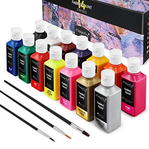 Magicfly Pintura para Tela Permanente 14 Colores 60 ml con 3 Pinceles, Set de Pinturas para Ropa, Textil, Manualidades, Lona, Vidrio, Cerámica, Madera
