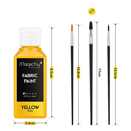 Magicfly Pintura para Tela Permanente 14 Colores 60 ml con 3 Pinceles, Set de Pinturas para Ropa, Textil, Manualidades, Lona, Vidrio, Cerámica, Madera