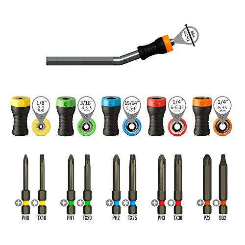 MAGNET DRIVER® SET,caja de plástico resistente con soportes magnéticos Magnet Driver y puntas de diferentes tipos para usar siguiendo el código de color. (Set de 17 Puntas y Soportes Magnéticos)