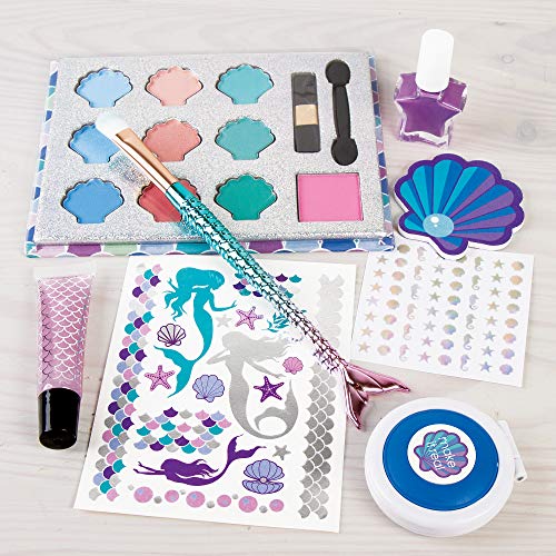 Make It Real – Mega Mermaid Makeover. Mermaid Themed Girls Makeup Kit. Starter Cosmetic Set for Kids and Tweens. Includes Case, Mirror, Eye Shadow, Blush, Mermaid Brushes, Lip Gloss, Nail Polish