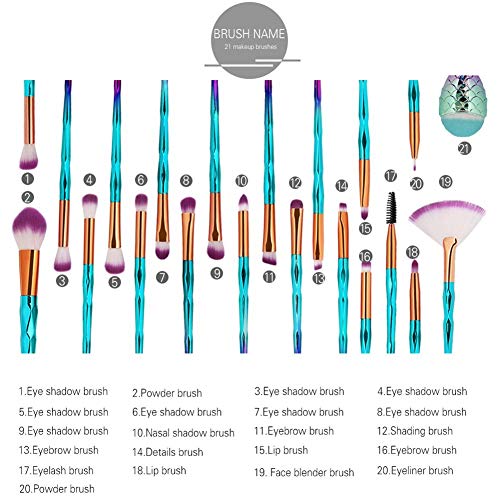 Make Up Brush Set Sirena Pincel de maquillaje Pincel cosmético Pincel de sombra de ojos Fan-shaped Makeup Pinse 21 piezas Pinse Set