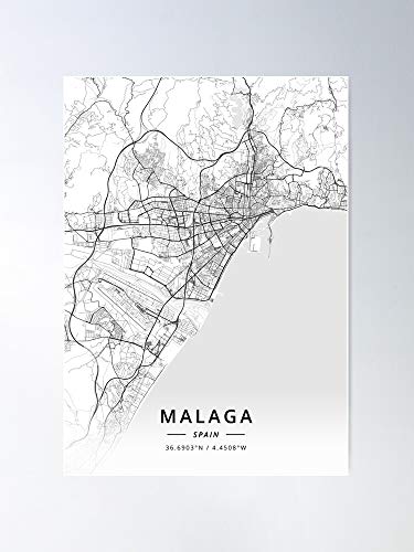Malaga City Streets Spain Town Street Village Map Impresionantes carteles para la decoración de la habitación impresos con la última tecnología moderna sobre papel semibrillante