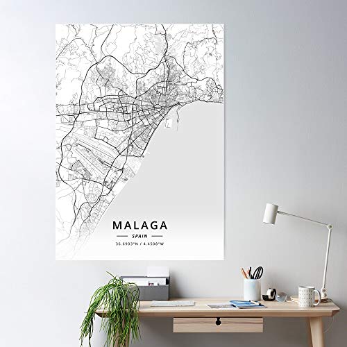 Malaga City Streets Spain Town Street Village Map Impresionantes carteles para la decoración de la habitación impresos con la última tecnología moderna sobre papel semibrillante