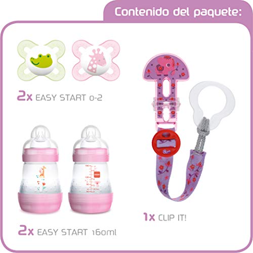 MAM Welcome Baby Starter Set, regalos para bebé, canastilla con 2 biberones anticólicos Easy Start (160 ml), 2 chupetes Start de silicona (0-2 meses) y chupetero, NIÑA