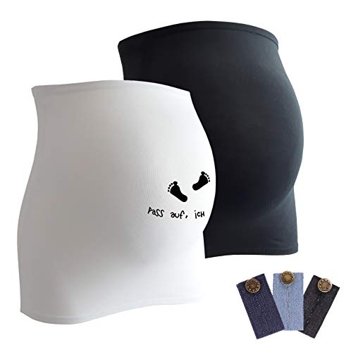 Mamaband - Banda abdominal para embarazadas en paquete doble, calentador de espalda y alargador de camisetas para embarazadas, ropa premamá elástica blanco / negro Large