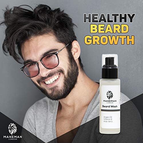 Maneman London barba Wash | Hidrata, limpia y acondiciona la barba |Natural y orgánico | Aceite de Argan, Jojoba y Aloe Vera Vitamina e | Regalo para hombres (60mL)