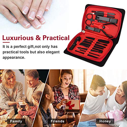 Manicura Pedicura Set 15 PCS Profesional Cortaúñas Acero Inoxidable Grooming Kit - Con Estuche De Viaje De Cuero Lujoso