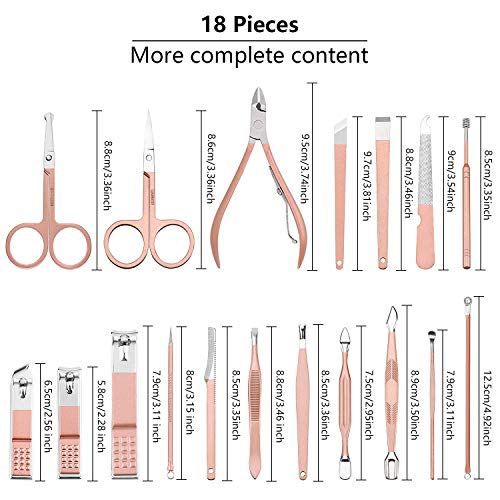Manicura Pedicura Set, Diealles Shine 18Pcs Set Cortaúñas Conjunto Kit de Pedicura,Atención Personal de Acero Inoxidable Cortauñas Manicura Pedicura Ear Pick Set,Oro Rosa
