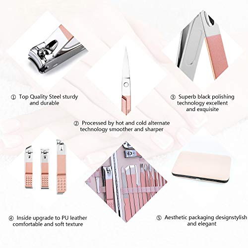 Manicura Pedicura Set, Diealles Shine 18Pcs Set Cortaúñas Conjunto Kit de Pedicura,Atención Personal de Acero Inoxidable Cortauñas Manicura Pedicura Ear Pick Set,Oro Rosa