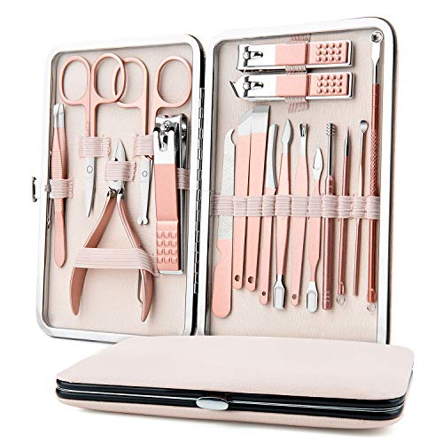 Manicura Pedicura Set, Diealles Shine 18Pcs Set Cortaúñas Conjunto Kit de Pedicura,Atención Personal de Acero Inoxidable Cortauñas Manicura Pedicura Ear Pick Set,Oro Rosa