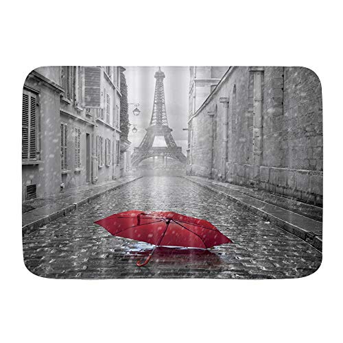 MANISENG Alfombrillas para baño, Torre Eiffel de París bajo el Paraguas Rojo en la Calle Francia,con Respaldo Antideslizante,29.5"X17.5"