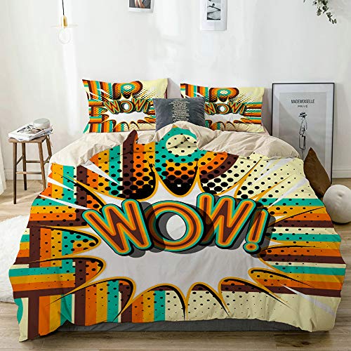 MANISENG Bedding Juego de Funda de Edredón,Beige,Wow - Letras Retro con el patrón de Medios Tonos de Sombras en el Fondo del Cartel Retro,Microfibra NO LLENAR,(Cama 240x260 + Almohada)