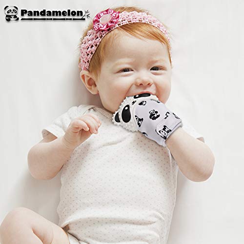 Manoplas de dentición para bebé, mitón de juguete, juego de manoplas de dentición para bebés, lindo mordedor panda, paquete de 2