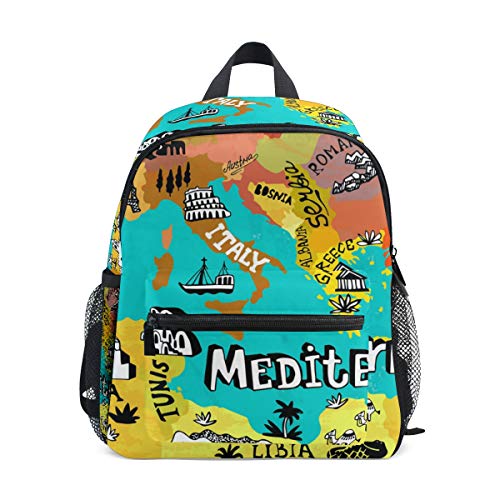 Mapa de Mediterráneo Mochila escolar Multi Lindo Libros, para niños y niñas, mochila de viaje para niños de 3 a 8 años de edad preescolar