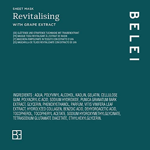 Marca Amazon - Belei - Mascarilla de tejido revitalizante con extracto de uva, 10 Unidades