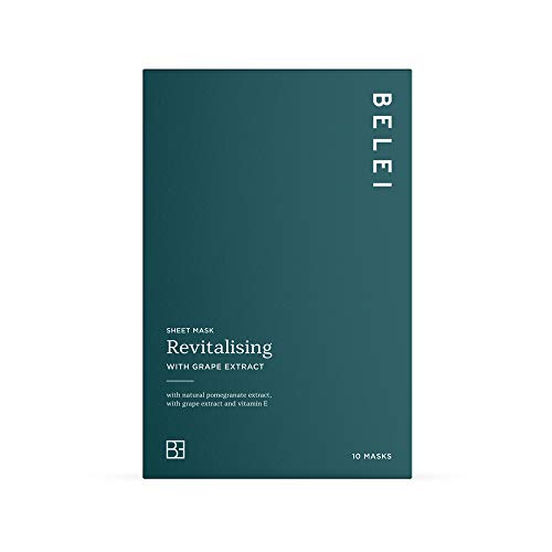 Marca Amazon - Belei - Mascarilla de tejido revitalizante con extracto de uva, 10 Unidades
