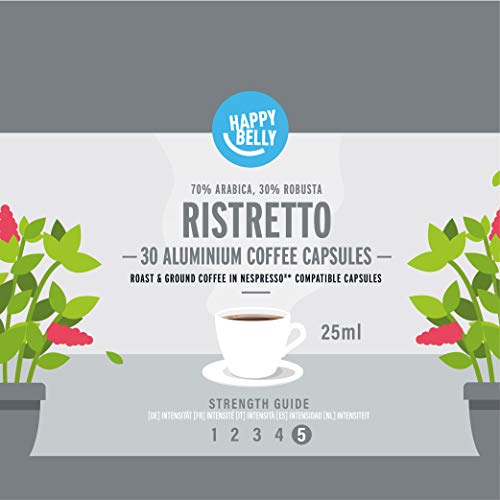 Marca Amazon - Happy Belly Ristretto Café UTZ molido de tueste natural en cápsulas de aluminio compatibles con Nespresso, 120 cápsulas (4x30)
