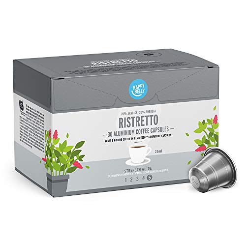 Marca Amazon - Happy Belly Ristretto Café UTZ molido de tueste natural en cápsulas de aluminio compatibles con Nespresso, 120 cápsulas (4x30)