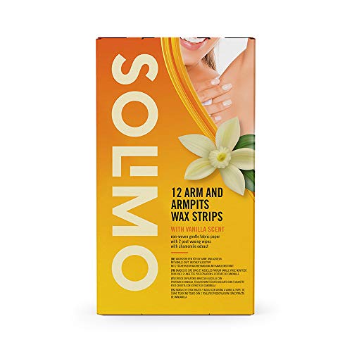 Marca Amazon - Solimo - Bandas de cera brazos y axilas con aroma de vainilla, papel de suave tejido no tejido con 4 toallitas posdepilación (4x12 bandas de cera)
