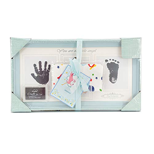 Marco fotos de huellas de manos y pies bebé azul | Bonus: un babero de algodón extra absorbente | con Almohadilla de Tinta No Tóxica | Regalo original para bebés hasta 8 meses