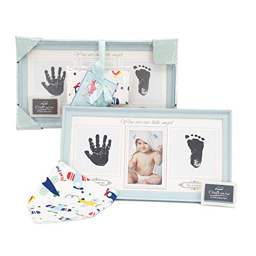 Marco fotos de huellas de manos y pies bebé azul | Bonus: un babero de algodón extra absorbente | con Almohadilla de Tinta No Tóxica | Regalo original para bebés hasta 8 meses