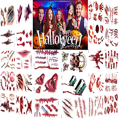 Más de 200 diseños de pegatinas de tatuajes de Halloween, Halloween Zombie Scars Tattoos Stickers con Fake Scab Blood Special Fx Disfraces de maquillaje, 26 hojas - LIRNUX