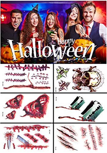 Más de 200 diseños de pegatinas de tatuajes de Halloween, Halloween Zombie Scars Tattoos Stickers con Fake Scab Blood Special Fx Disfraces de maquillaje, 26 hojas - LIRNUX