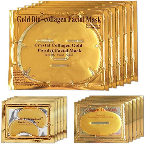 MáScara Facial De Cristal De ColáGeno BiolóGico De Oro 24K Quilates: 5 MáScaras Faciales + 5 MáScaras De Ojos + 5 MáScaras De Labios. Cuidado De La Piel Antienvejecimiento, Antiarrugas, Hidratante