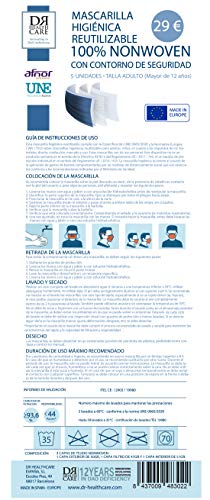 Mascarilla Higiénica Reutilizable 59 Lavados – UNE-0065:2020, 3 Capas Tejido 100% NONWOVEN – Made In Europe (5 Unidades – Talla Adulto – 4 Colores)