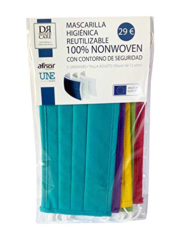 Mascarilla Higiénica Reutilizable 59 Lavados – UNE-0065:2020, 3 Capas Tejido 100% NONWOVEN – Made In Europe (5 Unidades – Talla Adulto – 4 Colores)