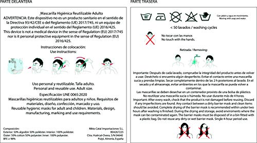 Mascarilla Reutilizable para adultos Eficacia de filtración bacteriana: > 98% Estuche portamascarilla Gratis (Negro)
