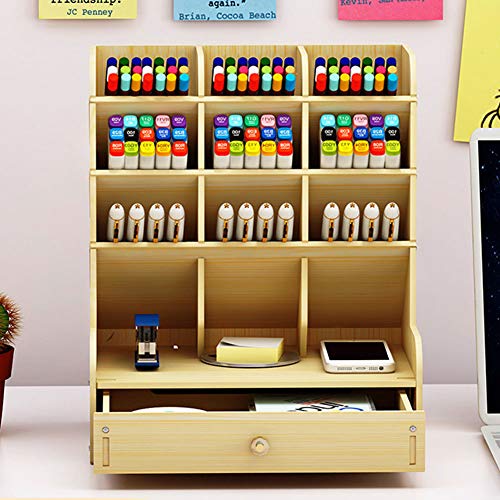 Matedepreso Large Capacity Office Storage Box Wooden Desk Top Organizer Office Stationery Pencil Holder Storage Rack Multifunction Office Supplies Stationery Storage Box