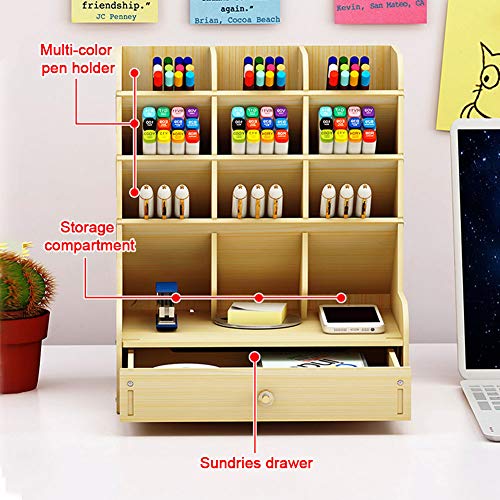 Matedepreso Large Capacity Office Storage Box Wooden Desk Top Organizer Office Stationery Pencil Holder Storage Rack Multifunction Office Supplies Stationery Storage Box