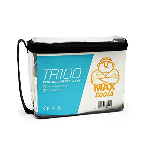 MAXTOOLS TR100, Kit de Reparación de Neumáticos para Coches Urbanos y Monovolumen, adecuado también para Motos y Escúters, Incluido un Potente Compresor de Aire de 12V