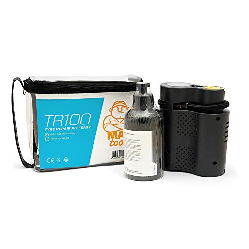 MAXTOOLS TR100, Kit de Reparación de Neumáticos para Coches Urbanos y Monovolumen, adecuado también para Motos y Escúters, Incluido un Potente Compresor de Aire de 12V
