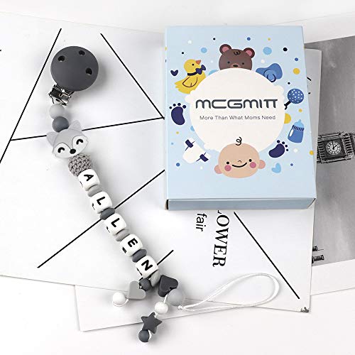 MCGMITT Chupeteros Personalizado con Nombre Niño Cadena Chupete Bebe Silicona Sujeta Chupetes Chupetero Mordedor (Gris)