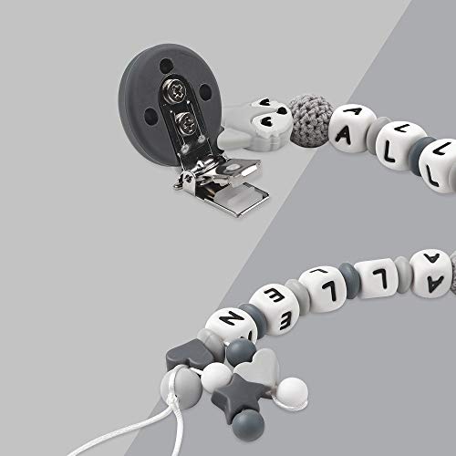 MCGMITT Chupeteros Personalizado con Nombre Niño Cadena Chupete Bebe Silicona Sujeta Chupetes Chupetero Mordedor (Gris)