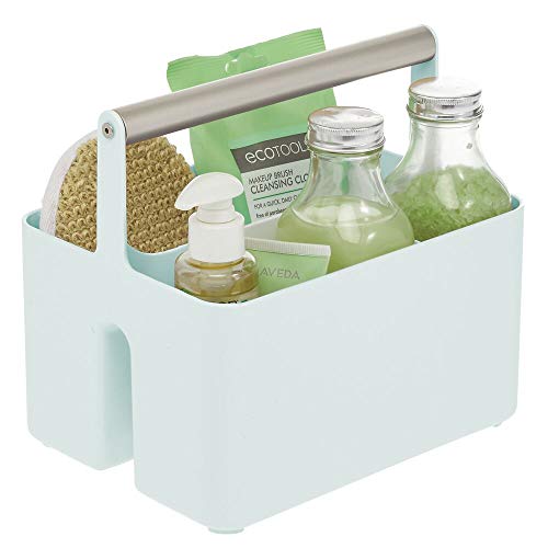 mDesign Caja organizadora para cuarto de baño – Práctica cesta con asa para el almacenamiento de cosméticos – Organizador de baño portátil con 4 compartimentos – verde menta/plateado mate