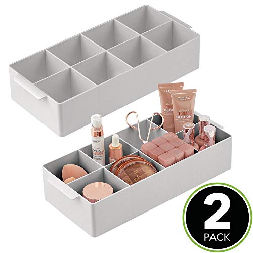 mDesign Juego de 2 Cajas organizadoras – Caja con Compartimentos con 8 apartados para Guardar Maquillaje y medicamentos – Práctico Organizador de Maquillaje para el baño, para pintaúñas y más – Gris