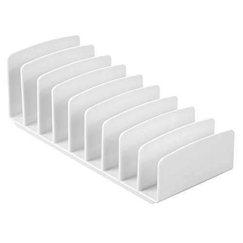 mDesign Organizador de cosméticos de plástico – Bandeja de maquillaje con 9 compartimentos verticales – Organizador de maquillaje para lavabo, tocador o armario – blanco