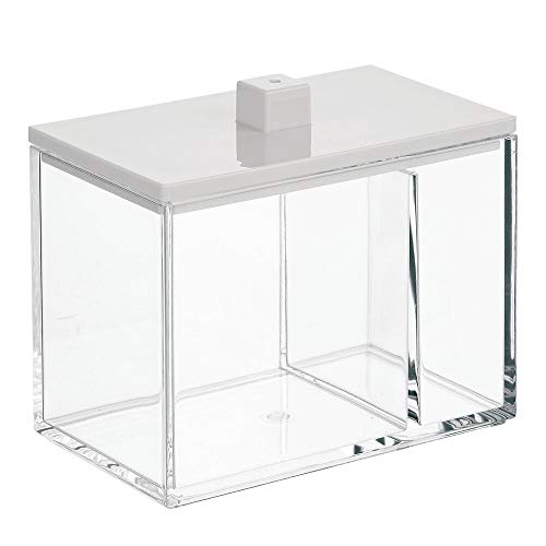 mDesign Organizador de maquillaje con dos compartimentos – Caja organizadora con tapa – Caja de plástico para bastoncillos, discos desmaquillantes y esponjas de maquillaje – transparente/gris claro