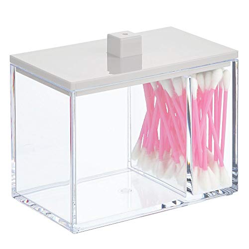 mDesign Organizador de maquillaje con dos compartimentos – Caja organizadora con tapa – Caja de plástico para bastoncillos, discos desmaquillantes y esponjas de maquillaje – transparente/gris claro