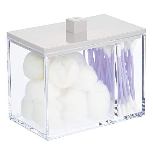 mDesign Organizador de maquillaje con dos compartimentos – Caja organizadora con tapa – Caja de plástico para bastoncillos, discos desmaquillantes y esponjas de maquillaje – transparente/gris claro