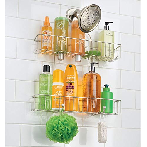 mDesign Repisas para baño sin taladros – Organizador de baño de Metal Resistente para champú, Gel y Otros – Estantes para baño para Colgar de la Ducha – con 2 bandejas y 2 Ganchos – Plateado Mate