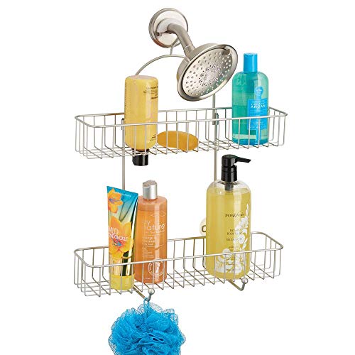 mDesign Repisas para baño sin taladros – Organizador de baño de Metal Resistente para champú, Gel y Otros – Estantes para baño para Colgar de la Ducha – con 2 bandejas y 2 Ganchos – Plateado Mate